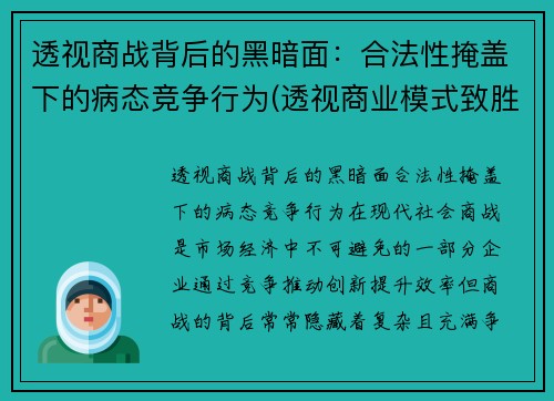 透视商战背后的黑暗面：合法性掩盖下的病态竞争行为(透视商业模式致胜的关键法则)