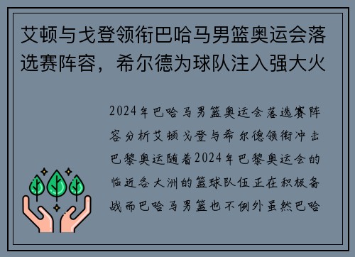艾顿与戈登领衔巴哈马男篮奥运会落选赛阵容，希尔德为球队注入强大火力