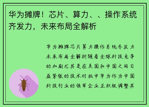 华为摊牌！芯片、算力、、操作系统齐发力，未来布局全解析