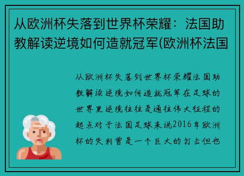 从欧洲杯失落到世界杯荣耀：法国助教解读逆境如何造就冠军(欧洲杯法国队冠军)
